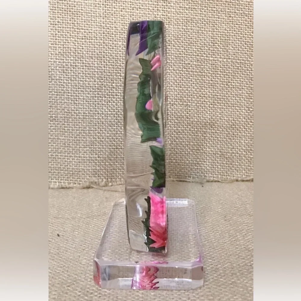 Vintage Floral Hummingbird Lucite Acrylic Paperweight Reverse Carving Fairy Core